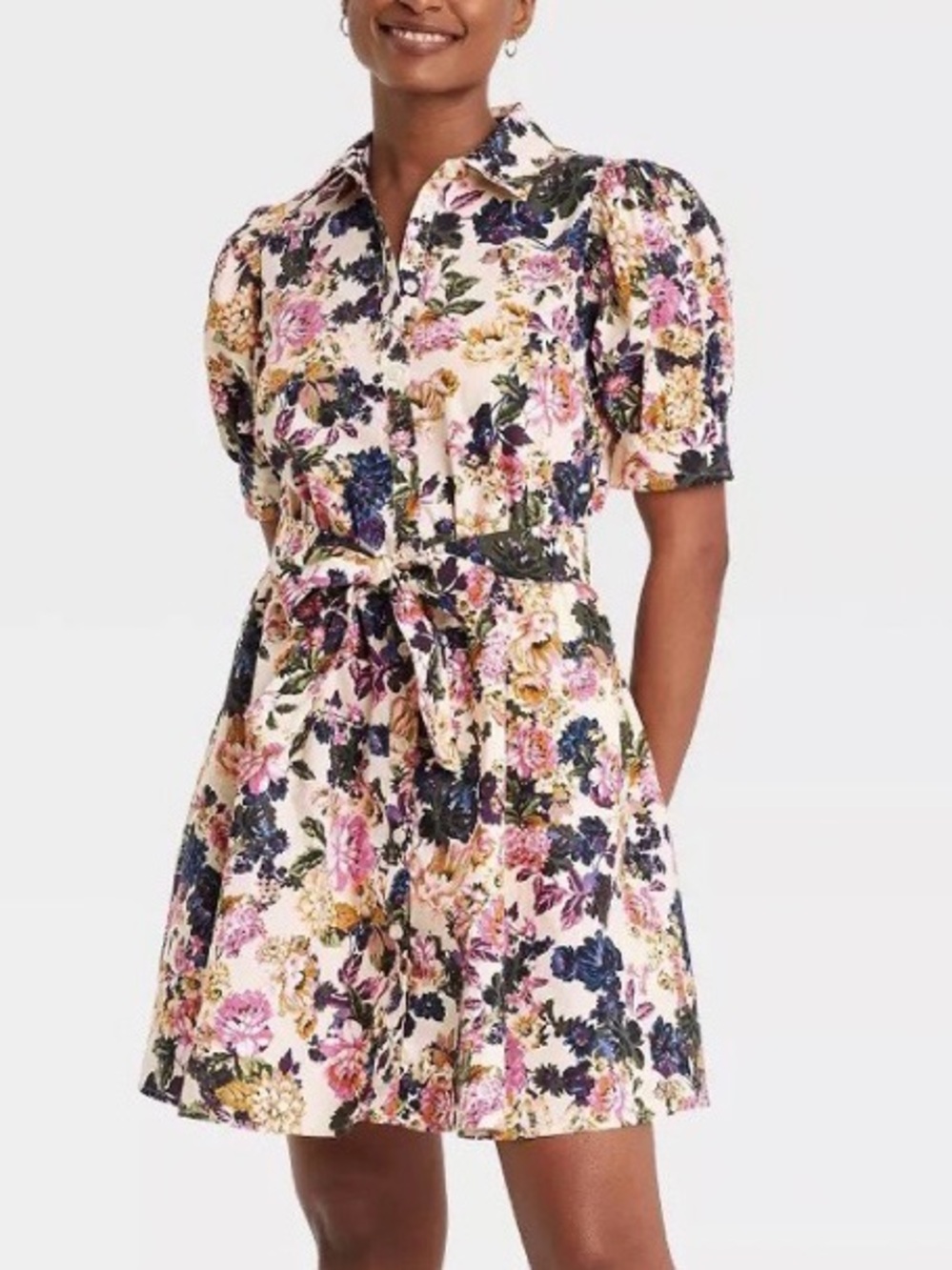 Who What Wear Floral Puff Sleeve Tie Shirtdress Short Above Knee Pockets Cotton